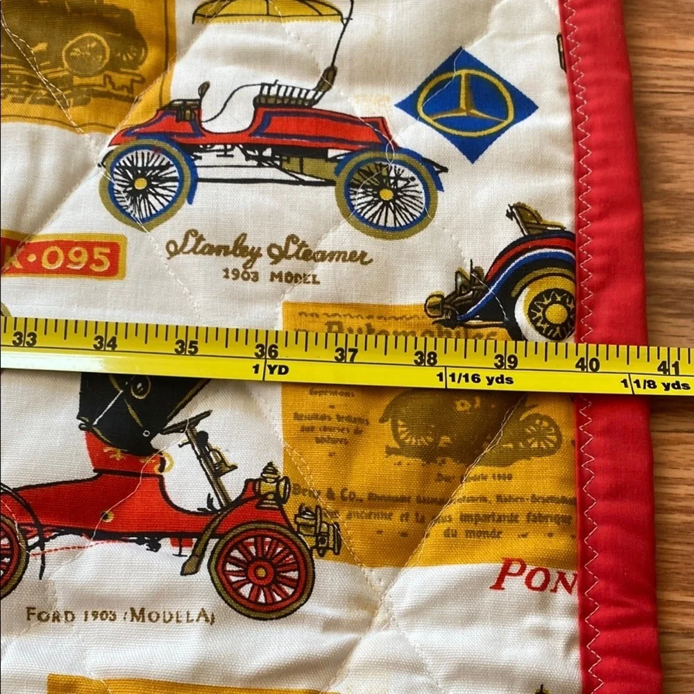 Vintage Car Print Quilt with Red and Black Border Cottagecore Retro Prairie